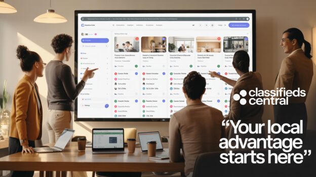 Smiling team of professionals with “Unlock Local Success” headline and classifieds platform logos